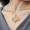 Maple Splendor3 Model wearing Plique-à-jour enamel maple leaf Necklace, showcasing the poetic and modern beauty of "Splendid Maple Shadows reflecting the autumn glow.