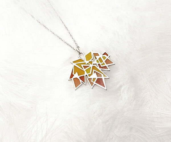 MapleSplendor3 Handcrafted Maple Splendor Pendant in sterling silver with Plique-à-jour enamel, autumn maple leaf necklace capturing warm light.