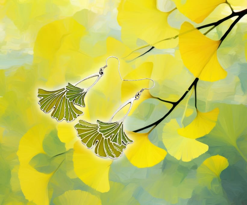 Freeze the Moment, the Gift of Time | Ginkgo Leaf 1 Handmade Jewelry Enamel Art Handmade Jewelry Enamel Art a pair of earrings with leaves on them