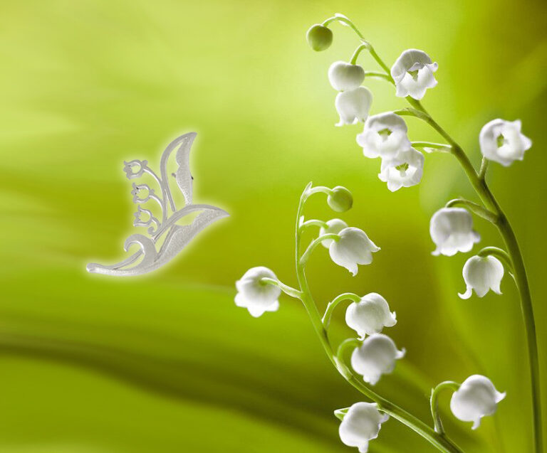 Vernal Equinox | Gentle Chimes, Happiness Returns 10 Handmade Jewelry Enamel Art Handmade Jewelry Enamel Art Silver lily of the valley brooch by JR-workshop alongside a photography image of real lily of the valley flowers, symbolizing purity and happiness.