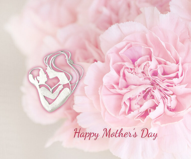 A Silver Tribute to Motherhood|Warm Embrace 8 Handmade Jewelry Enamel Art Handmade Jewelry Enamel Art “Warm Embrace” silver brooch displayed against a soft pink carnation background, symbolizing tender motherly love.