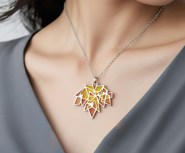 Maple Splendor3 Model wearing Plique-à-jour enamel maple leaf Necklace, showcasing the poetic and modern beauty of "Splendid Maple Shadows reflecting the autumn glow.