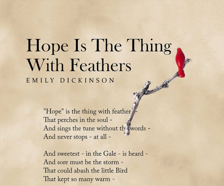 An artistic image inspired by Emily Dickinson's poem "Hope is the Thing with Feathers," featuring a red bird perched on a textured branch with handwritten poetry in the background.