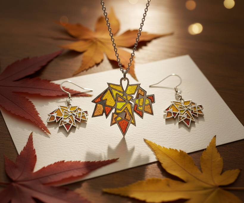 Handcrafted Maple Splendor enamel jewelry set by JR Workshop—maple leaf pendant and earrings glowing in autumn hues, inspired by Chinese poetry and stained-glass aesthetics.”