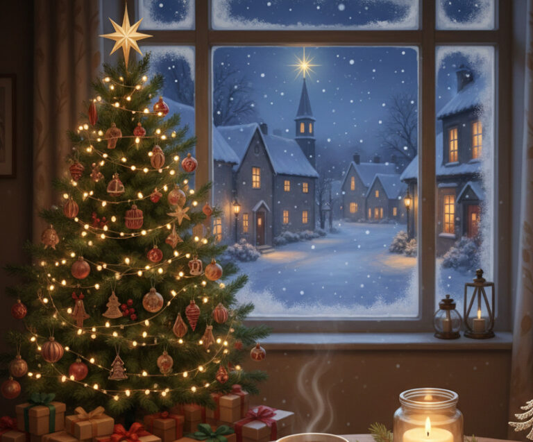 Watercolor painting of a serene Christmas night: a glowing candle and winter treats on a table by a window overlooking a snowy village with a church spire under a starlit sky.