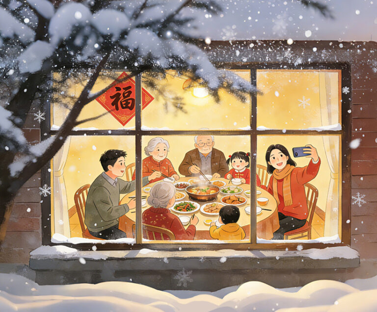 An artistic hand-drawn illustration of a Chinese family enjoying a warm Lunar New Year reunion dinner, seen through a window framed by delicate tree shadows, reflecting the cozy and peaceful atmosphere of JR Workshop's brand story.