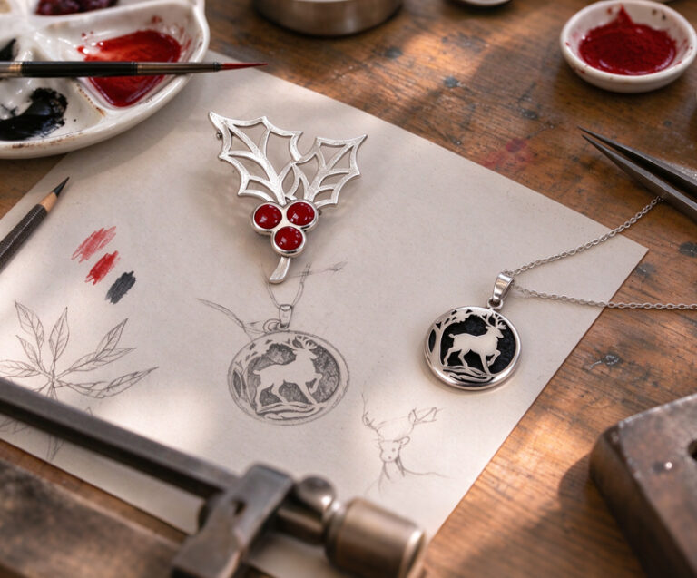 From design to craft: JR-workshop's 925 silver and vitreous enamel creations, featuring the Holly Berry brooch and As the Deer pendant on original sketches.
